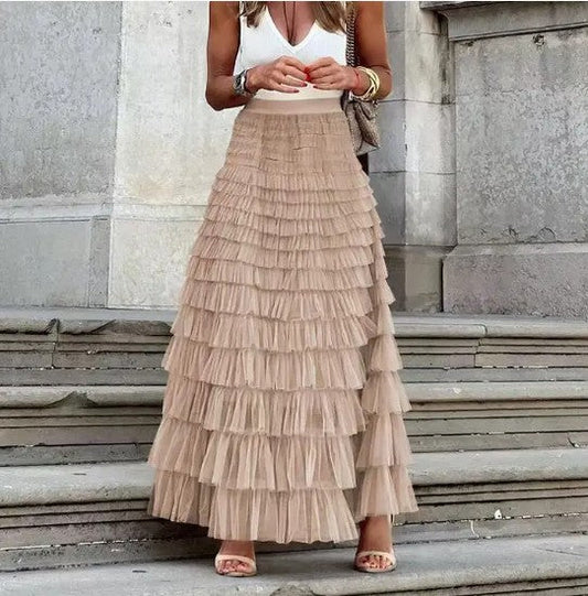 Ruffled Maxi Skirt – Elegant Tiered Mesh Layers with Elastic Waistband