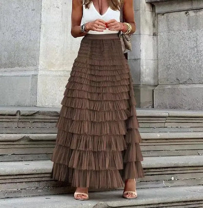 Ruffled Maxi Skirt – Elegant Tiered Mesh Layers with Elastic Waistband