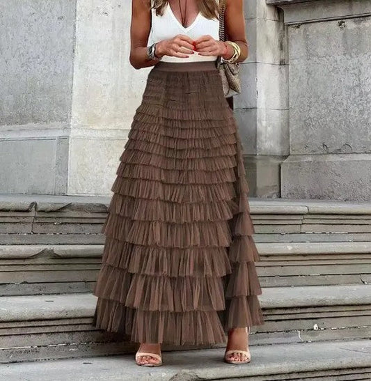 Ruffled Maxi Skirt – Elegant Tiered Mesh Layers with Elastic Waistband