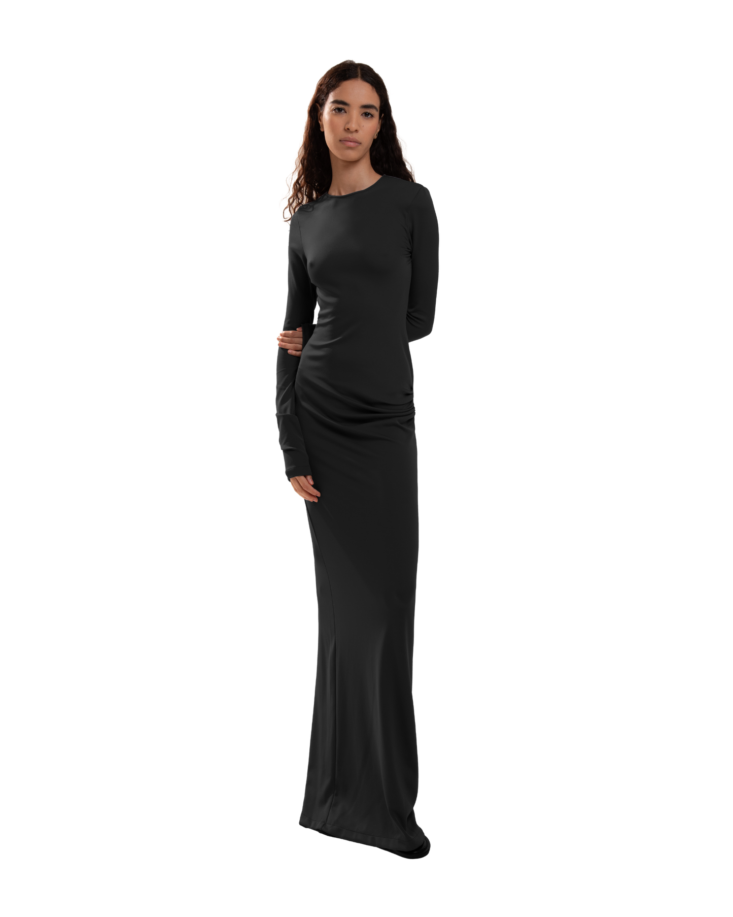 Draped Backless Long Dress – Sleek Fitted Elegance with Side Draping