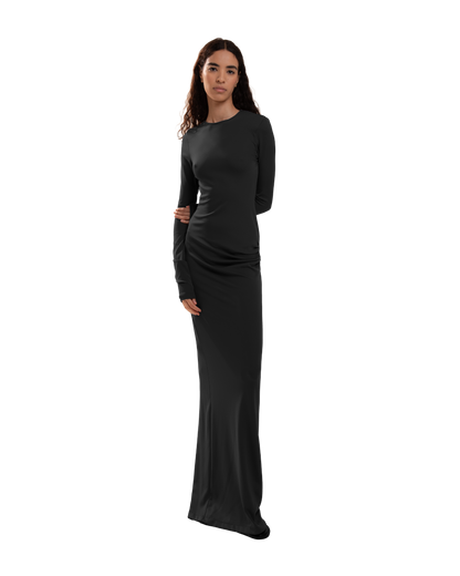 Draped Backless Long Dress – Sleek Fitted Elegance with Side Draping