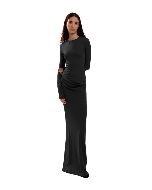 Draped Backless Long Dress – Sleek Fitted Elegance with Side Draping