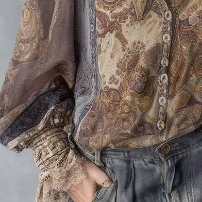 Elegant Paisley Lace Blouse for Women – Flare Sleeve Casual Summer Shirt