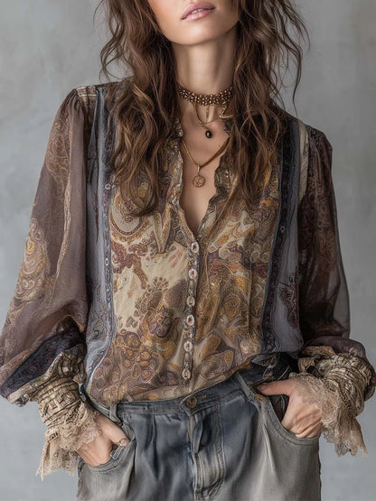 Elegant Paisley Lace Blouse for Women – Flare Sleeve Casual Summer Shirt