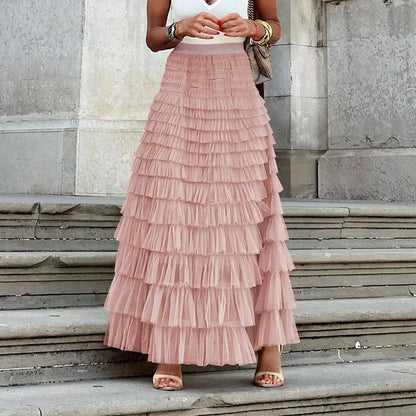 Ruffled Maxi Skirt – Elegant Tiered Mesh Layers with Elastic Waistband