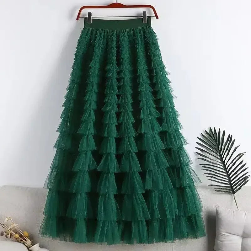 Ruffled Maxi Skirt – Elegant Tiered Mesh Layers with Elastic Waistband