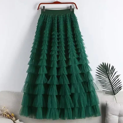 Ruffled Maxi Skirt – Elegant Tiered Mesh Layers with Elastic Waistband