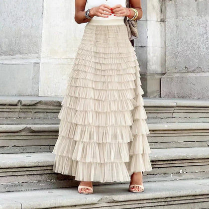Ruffled Maxi Skirt – Elegant Tiered Mesh Layers with Elastic Waistband