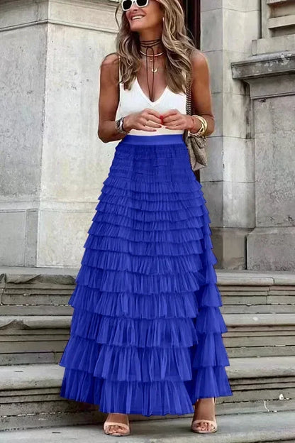 Ruffled Maxi Skirt – Elegant Tiered Mesh Layers with Elastic Waistband