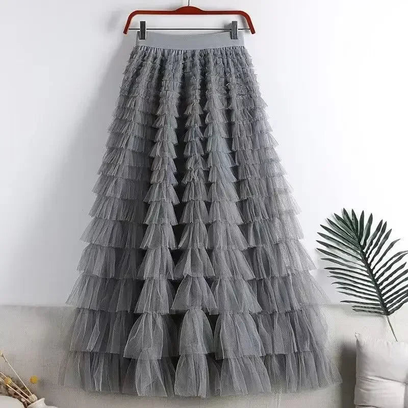 Ruffled Maxi Skirt – Elegant Tiered Mesh Layers with Elastic Waistband