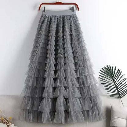 Ruffled Maxi Skirt – Elegant Tiered Mesh Layers with Elastic Waistband
