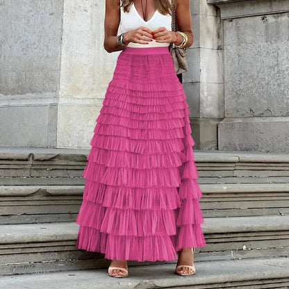 Ruffled Maxi Skirt – Elegant Tiered Mesh Layers with Elastic Waistband