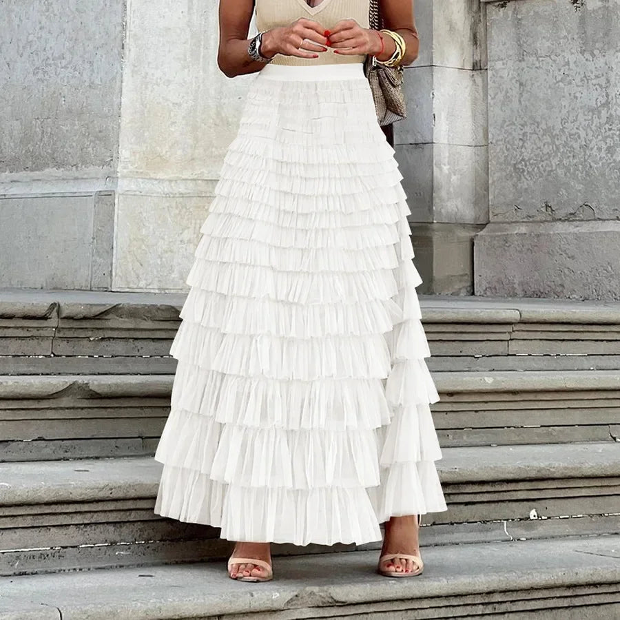 Ruffled Maxi Skirt – Elegant Tiered Mesh Layers with Elastic Waistband