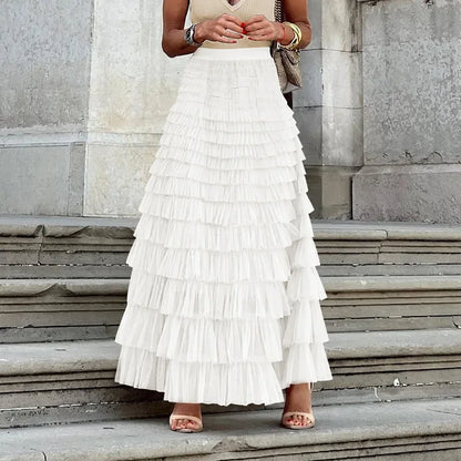 Ruffled Maxi Skirt – Elegant Tiered Mesh Layers with Elastic Waistband