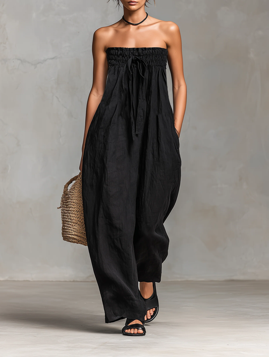 Summer Strapless Jumpsuit – Elegant Loose Fit with Bow Detail
